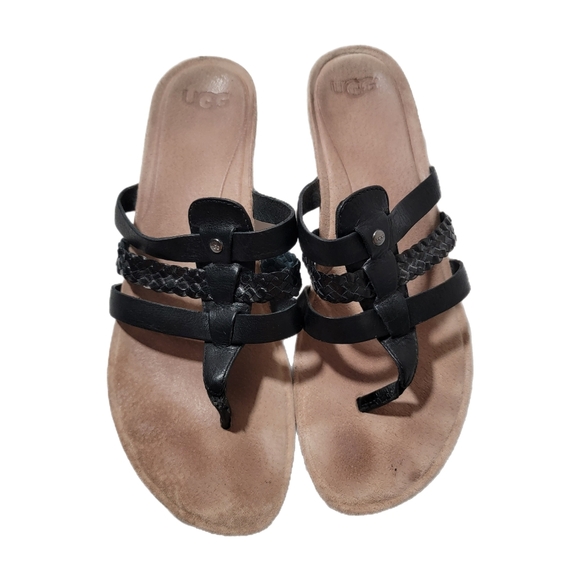 UGG Shoes - Ugg Women's Maddie Leather, Suede, Cork Black Wedge Thong Slides Sandals Sz 8.5